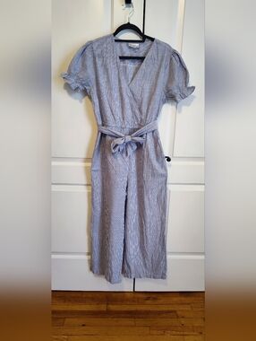 Morgan Taylor Light Blue & White Striped Tie-Front Jumpsuit